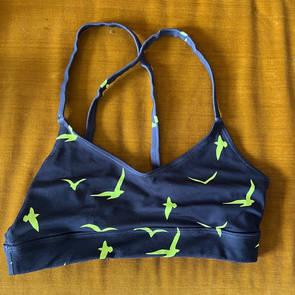 Mara Hoffman sports bra. Black bra with neon birds.  So cute just doesn't fit.